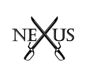 Black and white nexus logo with crossed swords instead of an "x"