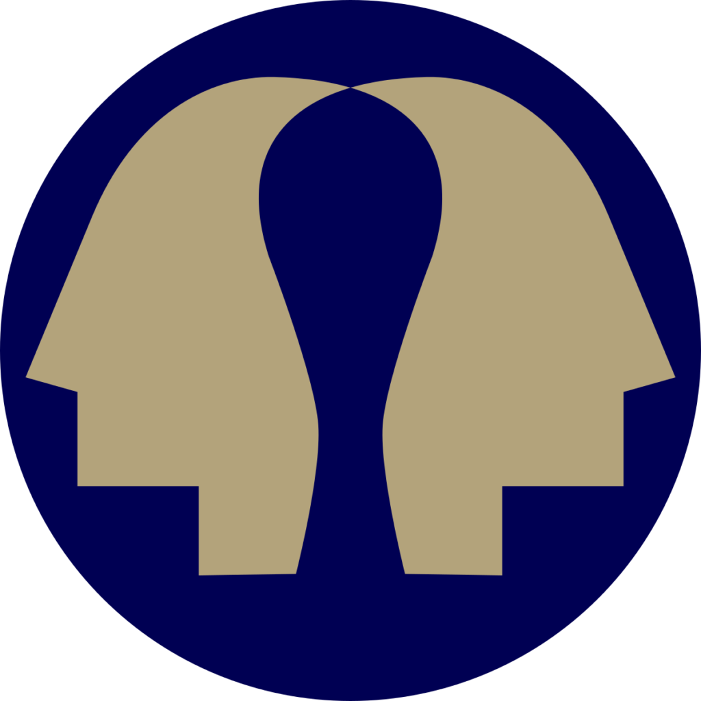 virtual diplomacy league logo, two gold faces looking away from each other on a circular blue background