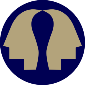 virtual diplomacy league logo, two gold faces looking away from each other on a circular blue background