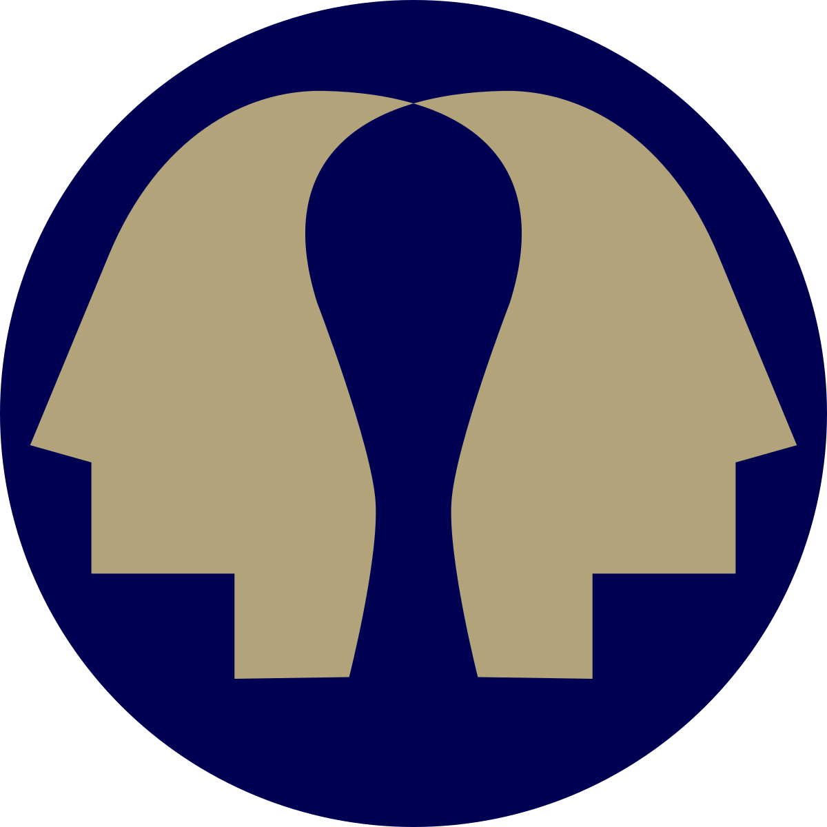 virtual diplomacy league logo, two gold faces looking away from each other on a circular blue background