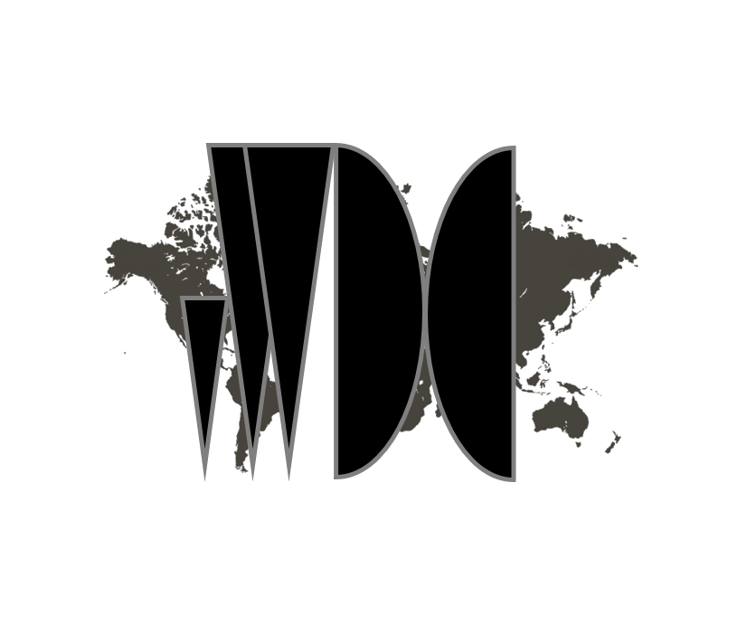 Virtual World Diplomacy Classic Logo, world map in grey overlaid with black vWDC initials.